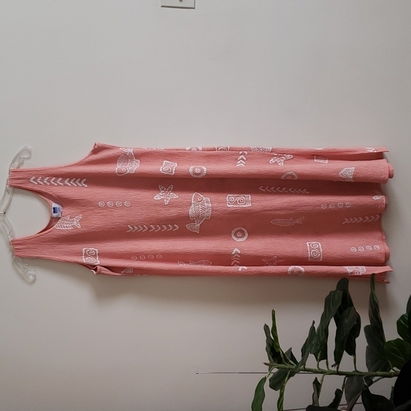 Vintage made USA rock fish print crinkle fabric pant suit/dress Coastal Grandma - Picture 6 of 11